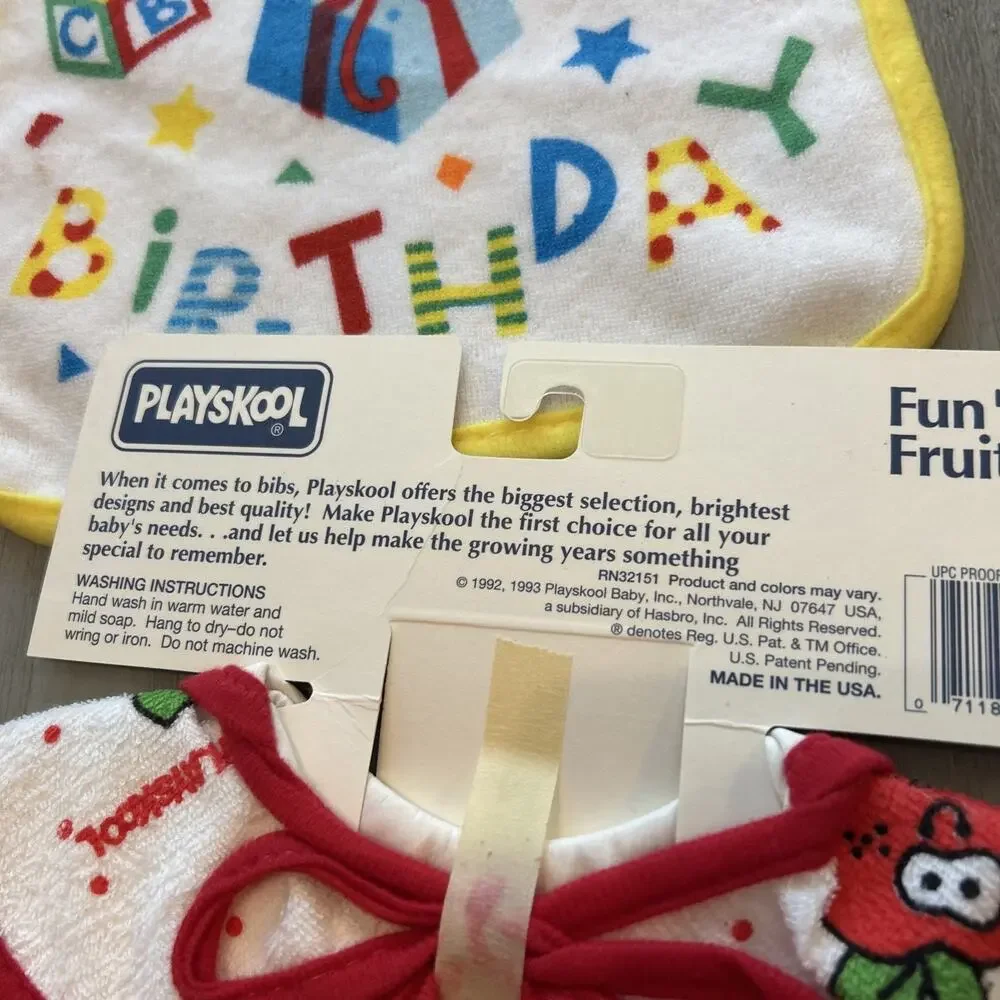 New Vintage Playskool Baby Terry Bibs 6 Pack Tie Back Primary Colors NOS